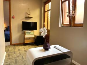 a living room with a vase of flowers on a table at Sterenn - La bonne Étoile 