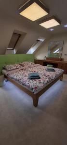 a bedroom with a large bed with a green headboard at Rodinný dům Praha 8, Kobylisy in Prague
