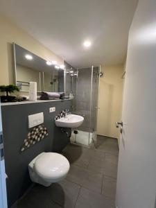 a bathroom with a toilet and a sink and a shower at Vier Jahreszeiten in Homburg