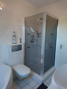 a bathroom with a shower and a toilet and a sink at Ostseewohnung Weiße Wiek in Hohenkirchen +10 photos