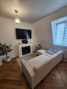 a living room with a couch and a flat screen tv at Suite Secrète in Sélestat