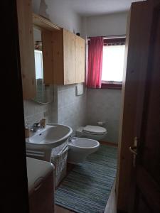 a bathroom with a sink and a toilet and a mirror at Chalet Bike & Family in Oga