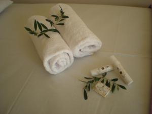 dos rollos de toallas en la parte superior de la barra del baño en Nikolas & Anezina house, en Nea Iraklitsa