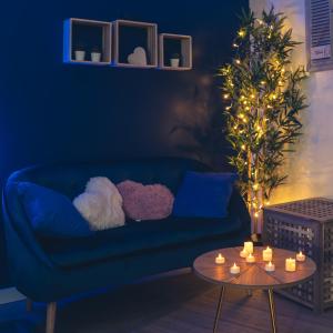 a living room with a blue couch and a table with candles at Mon Nid d'Amour - Jacuzzi Privatif - Centre Ville du Mans in Le Mans