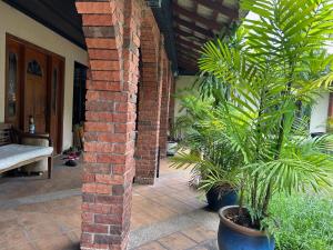 a brick wall with plants in a courtyard at Chic Designer Family Rooms in Shared Bungalow near LRT SS1 PJ in Petaling Jaya +21 photos