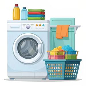 una lavatrice con cestini di asciugamani e detersivi di Mandox Villa Bali a Nusa Dua
