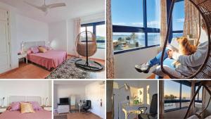 un collage di tre foto di una stanza con un cane in un'altalena di ShoreHouse Verdemar Dos Primera linea Playa Honda a Playa Honda Altre 42 foto