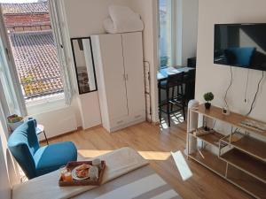 a living room with a couch and a table and a television at Les Apparts de Marmande - Petit Cocon en ville in Marmande +8 photos