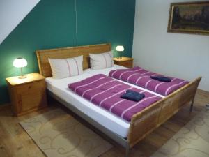a bedroom with a large bed with purple sheets at Ferienhaus Elfi Mit 85qm in Eisenbach
