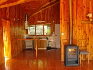 a kitchen with a wood stove in a room at Vista Hermosa Conguillio in Conguillío