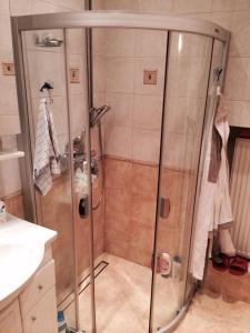 a shower with a glass door in a bathroom at Luxury Dana's City Centre Apartment in Kaunas