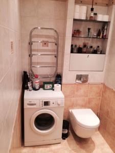 a bathroom with a washing machine and a toilet at Luxury Dana's City Centre Apartment in Kaunas