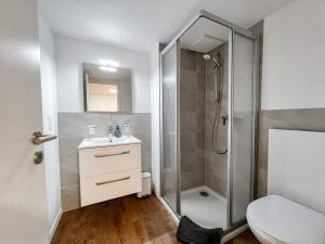 a bathroom with a shower and a sink and a toilet at Mountain Retreat Studio: Idyllische Ferienwohnung in Saas-Fee in Saas-Fee