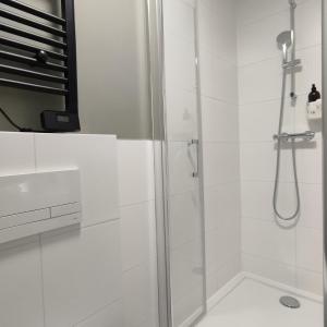 a bathroom with a shower with a glass door at Apartment Rozbrat 5 in Wrocław