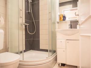a bathroom with a shower and a toilet and a sink at Apartman Jakša in Hvar +44 photos