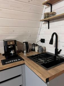 a kitchen with a sink and a stove top oven at Diamond chalet in Ogrody