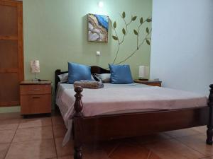 a bedroom with a bed with blue pillows at Helder ''DivinArt'' in Ribeira Grande