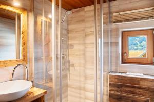 a bathroom with a sink and a shower at Oberlehen Hof in Rohrberg