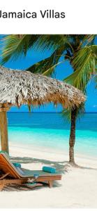 a beach with a straw umbrella and a chair and a palm tree at Come have some fun-JAMMING!!, JA in Montego Bay