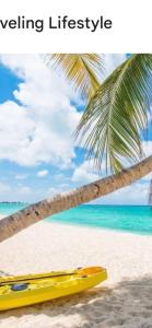 a yellow kayak under a palm tree on a beach at Come have some fun-JAMMING!!, JA in Montego Bay