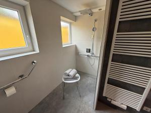 a bathroom with a shower and a stool in it at Ferienwohnung Waldrose in Oberharmersbach +4 photos
