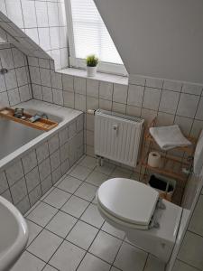 une salle de bain avec des toilettes blanches et un lavabo dans l'établissement City-Apartment Am Holzberg, à Wilkau-Haßlau