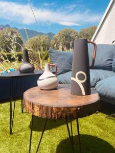 a table with vases on it next to a couch at Studio bord du lac terrasse in Aix-les-Bains
