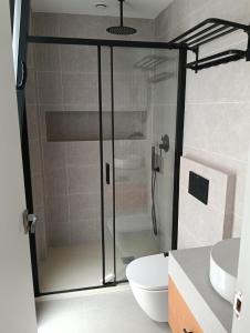 ein Badezimmer mit Dusche, Toilette und Waschbecken in der Unterkunft WOWHOLIDAYS Exclusive Building Center Ronda in Ronda