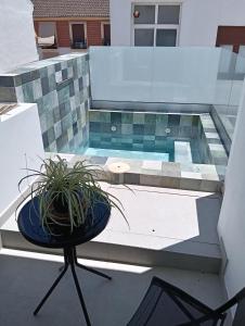 eine Pflanze, die auf einem Tisch vor einem Pool sitzt in der Unterkunft WOWHOLIDAYS Exclusive Building Center Ronda in Ronda