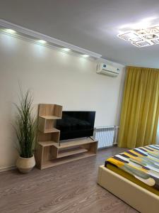 ein Wohnzimmer mit Flachbildfernseher und Bett in der Unterkunft Стильна та затишна однокімнатна квартира на бульварі Шевченка с кондиціонером,поруч парковка з охороною in Tscherkassy