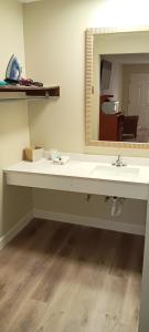 un baño con lavabo y espejo en Americana Inn - Henderson, en Henderson 19 fotos más