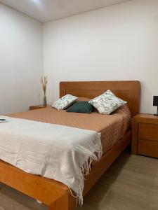 Una cama con dos almohadas encima en un dormitorio. en Quinta do Azibo Studios Bragança, en Bragança