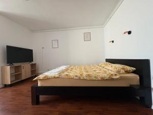a bedroom with a bed and a flat screen tv at Comodo Studio in Turda +3 photos