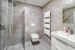 a bathroom with a shower and a toilet and a sink at Wellness apartmán Pila Kvilda in Kvilda
