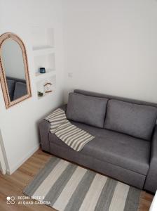 a gray couch in a living room with a mirror at Casinha in Nazaré