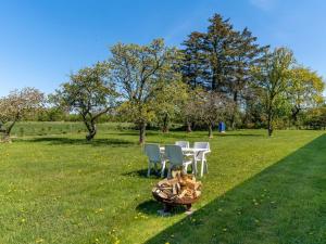 einen Tisch und Stühle auf einem Feld mit Bäumen in der Unterkunft Holiday Home Kora - 2km from the sea by Interhome in Læsø