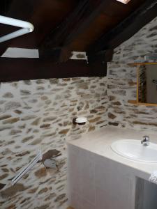 Un baño con lavabo y pared de piedra. en Location Chabannes Malbosc, en Malbosc