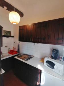 a kitchen with wooden cabinets and a microwave on a counter at Appartement 1er étage in Castellane