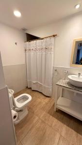 a bathroom with a toilet and a sink at Apart Patagonia Bolson in El Bolsón +27 photos