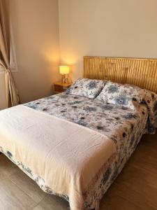 a bed in a bedroom with a lamp on a table at Apart Patagonia Bolson in El Bolsón