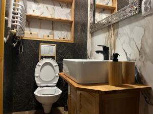 ein Badezimmer mit einer weißen Toilette und einem Waschbecken in der Unterkunft Apartamenty u Natana in Krzeszów + 23 Fotos