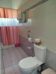 a bathroom with a toilet and a red curtain at Captain George in Liaropá +11 photos