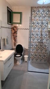a bathroom with a toilet and a glass shower at Villa Bel air in Ain Draham +9 photos