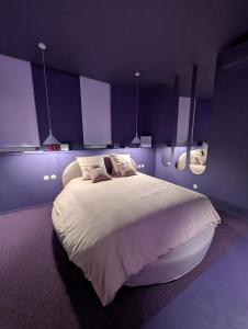 a bedroom with a large bed and two mirrors at Le Purple, love room centre ville avec parking in Montauban