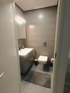a bathroom with a white toilet and a sink at Close to the Sea, Scandi Style house in Porvoo