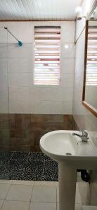 a bathroom with a white sink and a shower at Gîte L'adérobade in Le Gosier