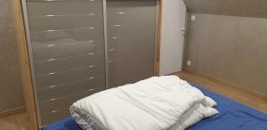 a bedroom with a bed and a closet at Séjour confortable sur péniche luxueuse in Brouckerque