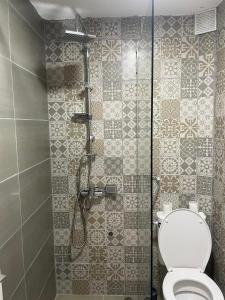 a bathroom with a shower with a toilet in it at The Tara Concept in Šljivovica +20 photos
