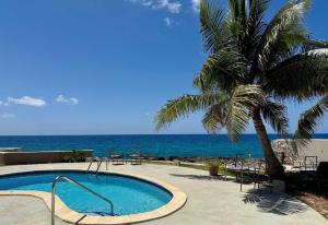 a palm tree and a swimming pool next to the ocean at Fabulous one bedroom in West Bay in West Bay