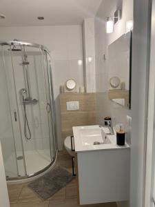 a bathroom with a shower and a sink and a toilet at Apartament Roma in Pniewy